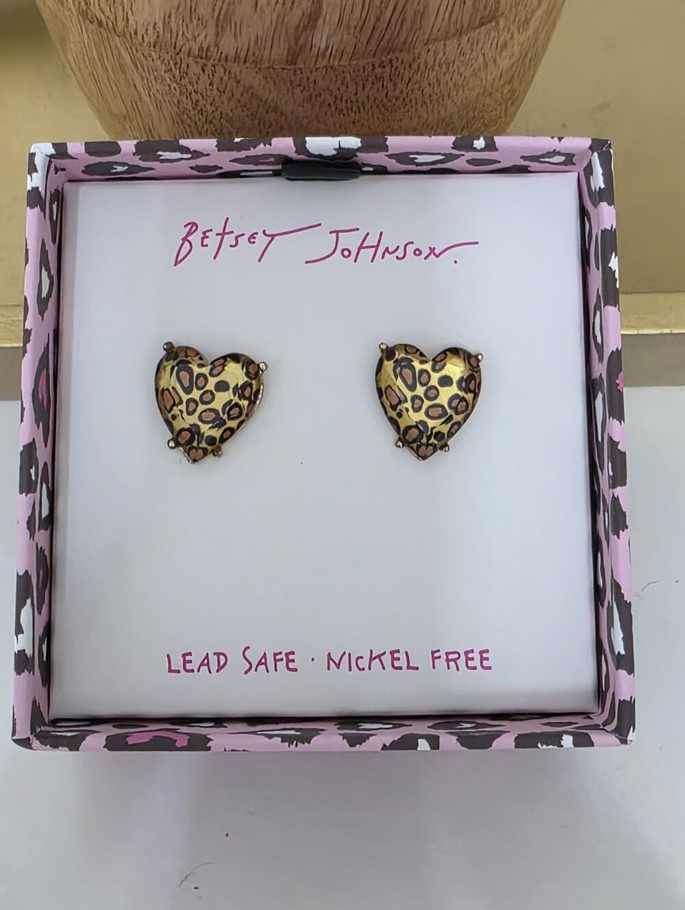 Betsey Johnson Leopard Heart Stud Earrings in Gold and Brown